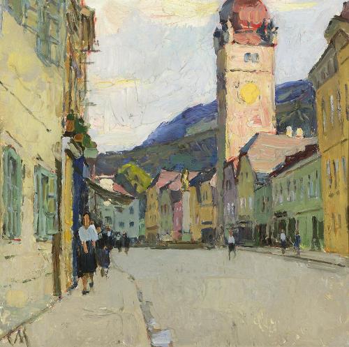 Carl Moll, Waidhofen an der Ybbs, Marktplatz mit Stadtturm, 1938, Öl auf Holz, 34,3 × 35 cm, Oe ...