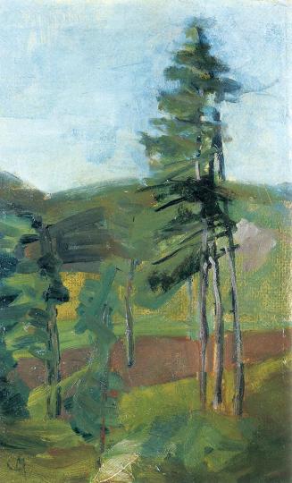Carl Moll, Hügel mit Tannen, 1942 um, Öl auf Karton, 37,5 × 23,2 cm, Unbekannter Besitz