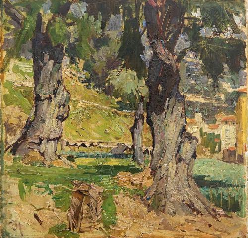 Carl Moll, Olivenbäume in Sanary, 1931 um, Öl auf Holz, 34,3 × 35,5 cm, Privatbesitz, courtesy  ...