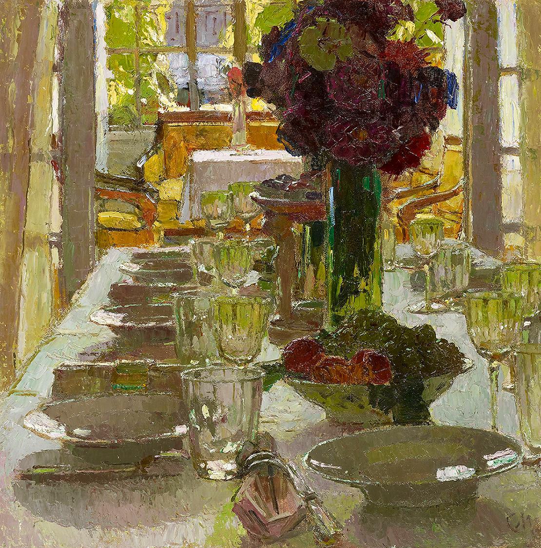 Carl Moll, Speisezimmer I, 1914 um, Öl auf Leinwand, 59,7 × 59,7 cm, Kunsthandel Freller Antikh ...