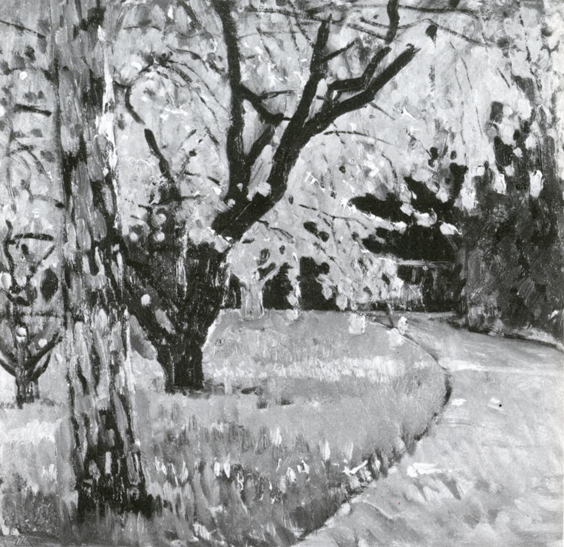 Carl Moll, Parkweg, 1921 um, Öl auf Holz, 34 × 35,5 cm, Unbekannter Besitz