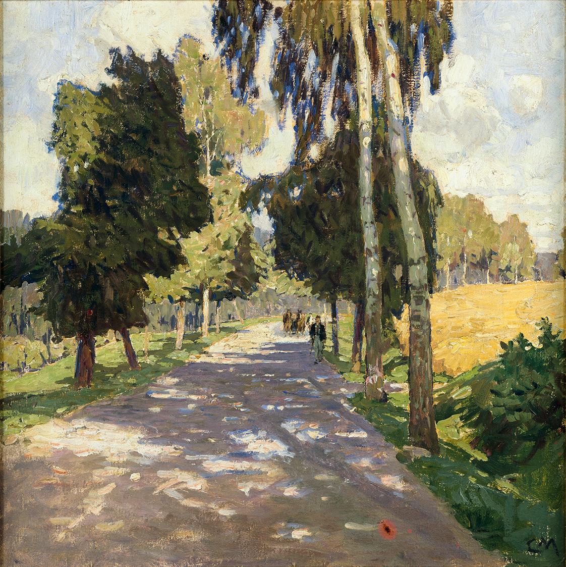 Carl Moll, Birkenallee in Freudenthal / Bruntál, 1916, Öl auf Leinwand, 60,5 × 60,5 cm, Privatb ...