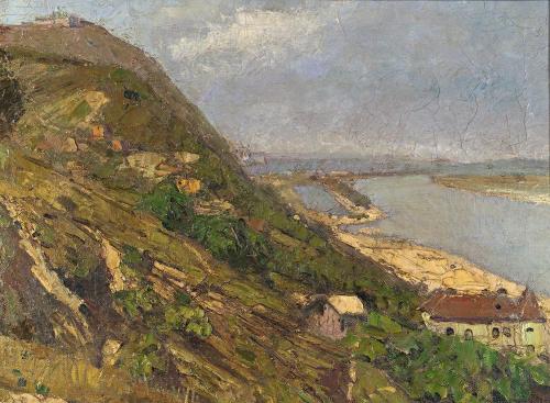 Carl Moll, Blick auf den Leopoldsberg und Donau bei Klosterneuburg, 1933, Öl auf Leinwand, 50 × ...