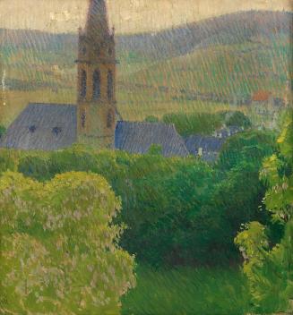 Carl Moll, Atelieraussicht auf die Heiligenstädter Pfarrkirche St. Michael, 1903, Öl auf Leinwa ...