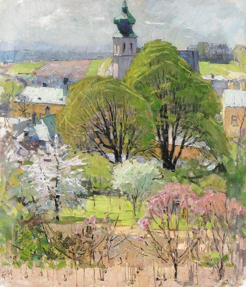 Carl Moll, Kirschblüten in Grinzing, 1935 um, Öl auf Leinwand, 70 × 60 cm, Privatbesitz, courte ...