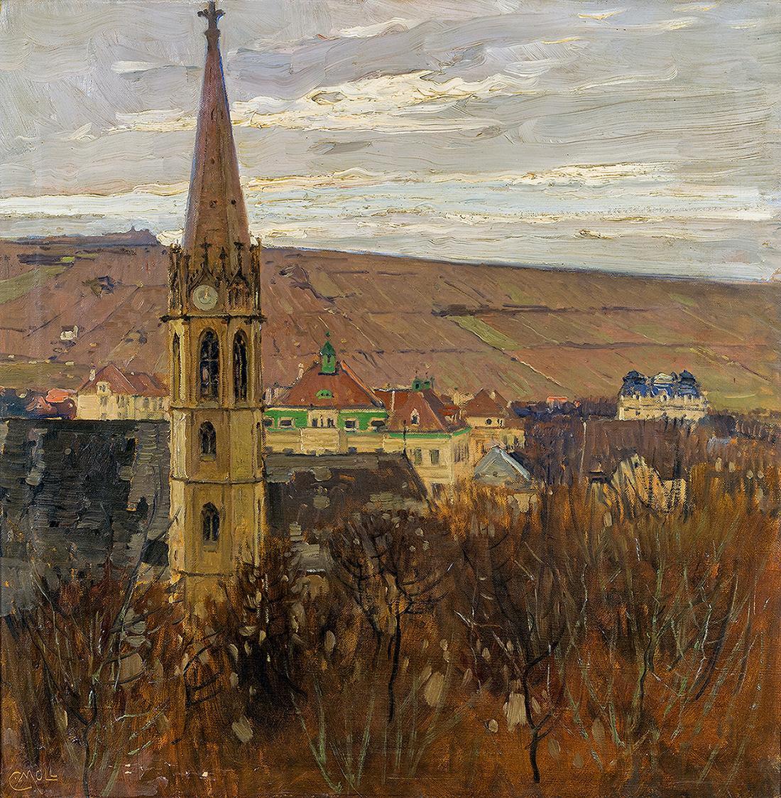 Carl Moll, Blick auf St. Michael in Heiligenstadt, 1911 um, Öl auf Leinwand, 54 × 54 cm, Sammlu ...