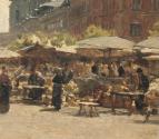 Carl Moll, Naschmarkt, 1893, Öl auf Holz, 26,3 × 35,5 cm, Privatbesitz Wien, courtesy Kunsthand ...