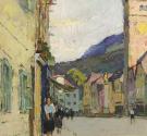 Carl Moll, Waidhofen an der Ybbs, Marktplatz mit Stadtturm, 1938, Öl auf Holz, 34,3 × 35 cm, Oe ...