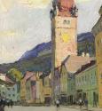 Carl Moll, Waidhofen an der Ybbs, Marktplatz mit Stadtturm, 1938, Öl auf Holz, 34,3 × 35 cm, Oe ...