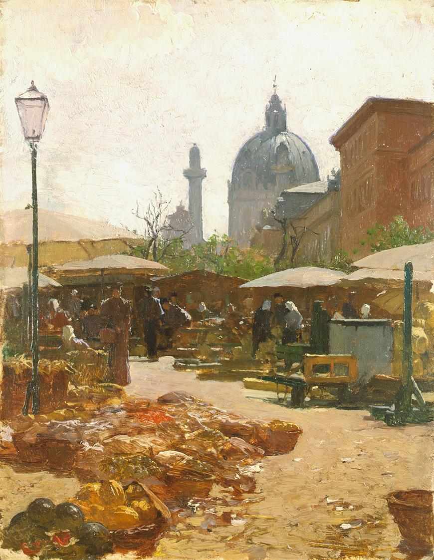 Carl Moll, Szene am Naschmarkt in Wien, 1896, Öl auf Holz, 33,9 × 29,5 cm, Privatbesitz, courte ...