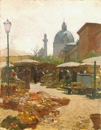 Carl Moll, Szene am Naschmarkt in Wien, 1896, Öl auf Holz, 33,9 × 29,5 cm, Privatbesitz, courte ...