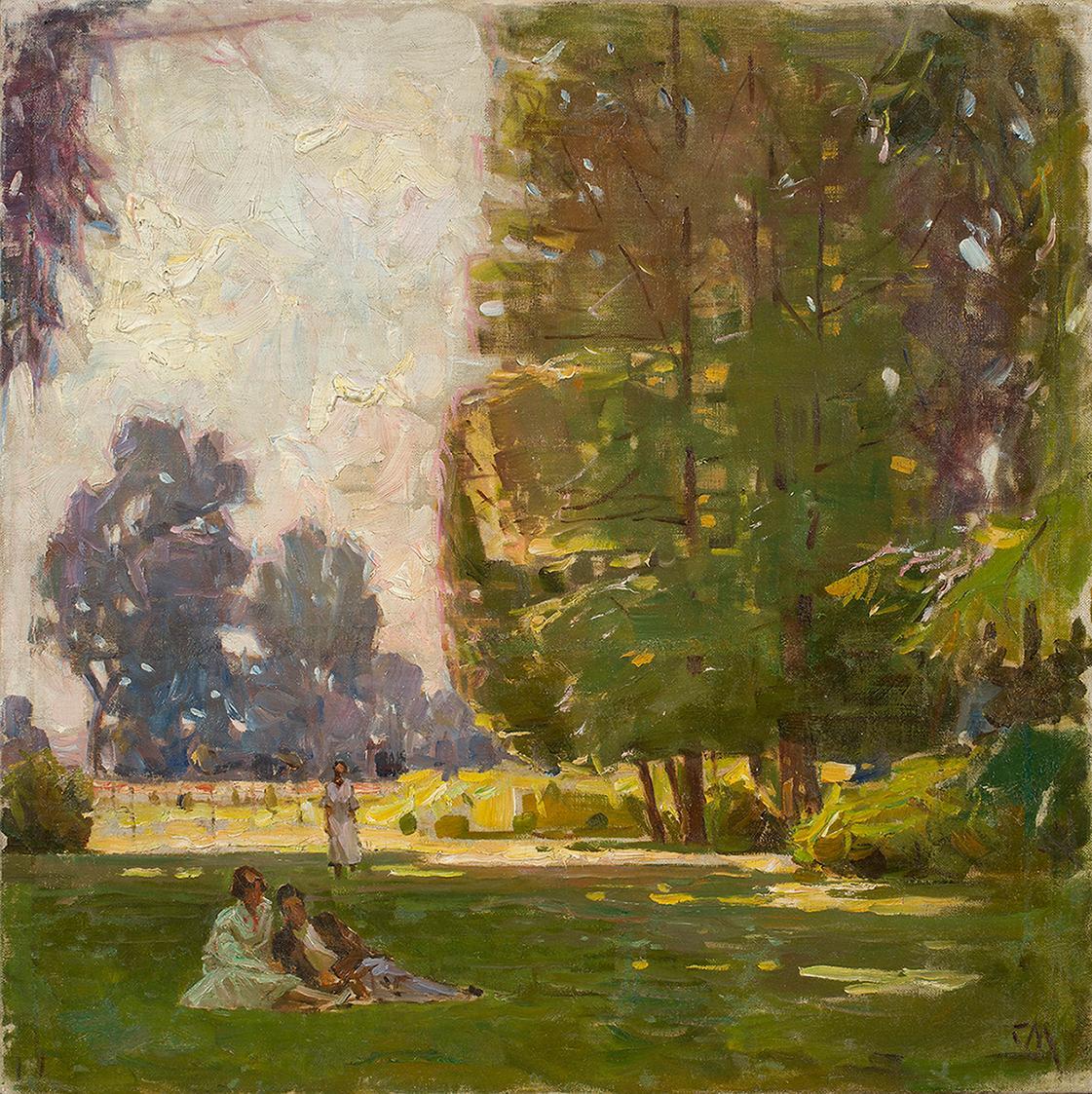 Carl Moll, Im Park, 1919 um, Öl auf Leinwand, 60,2 × 60 cm, Galerie Kovacek & Zetter, Wien