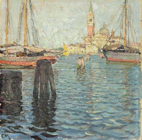 Carl Moll, Blick auf San Giorgio Maggiore in Venedig, 1915 um, Öl auf Holz, 35,3 × 35,8 cm, Pri ...