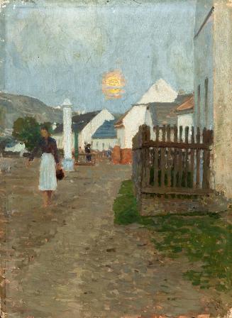 Carl Moll, Niederösterreichisches Dorf bei Sonnenaufgang, 1892 um, Öl auf Leinwand, 26 × 36 cm, ...