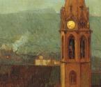 Carl Moll, Heiligenstädter Pfarrkirche im Herbst, 1904 um, Öl auf Holz, 34 × 36 cm, Unbekannter ...