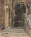 Carl Moll, Enge Gasse mit Schwibbogen in Ragusa, 1888, Öl auf Holz, 36 × 17,5 cm, Privatbesitz  ...