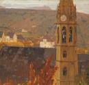 Carl Moll, Blick aus dem Atelier auf St. Michael in Heiligenstadt, 1913, Öl auf Holz, 34,3 x 35 ...