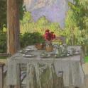 Carl Moll, Frühstückstisch mit Blick in die Berge, 1938 um, Öl auf Leinwand, 54,5 × 54,5 cm, Sa ...