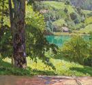 Carl Moll, Blick von der Villa Billroth auf den Wolfgangsee, 1901 um, Öl auf Holz, 26,5 × 21 cm ...