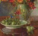Carl Moll, Blumenstrauß in Glasvase und Stachelbeeren, 1912 um, Öl auf Leinwand, 60 × 60 cm, Al ...