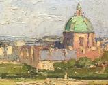 Carl Moll, Blick vom Belvedere Garten auf die Salesianerkirche, 1931, Öl auf Holz, 30 × 35,6 cm ...