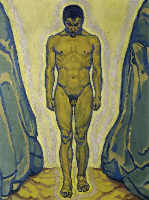 Koloman Moser, Stehender Jünglingsakt zwischen Felsen, um 1915, Öl auf Leinwand, 50,5 x 37,5 cm ...