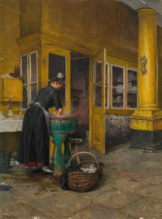 Carl Moll, Der Waschtag, 1895, Öl auf Holz, 58 × 43 cm, Unbekannter Besitz