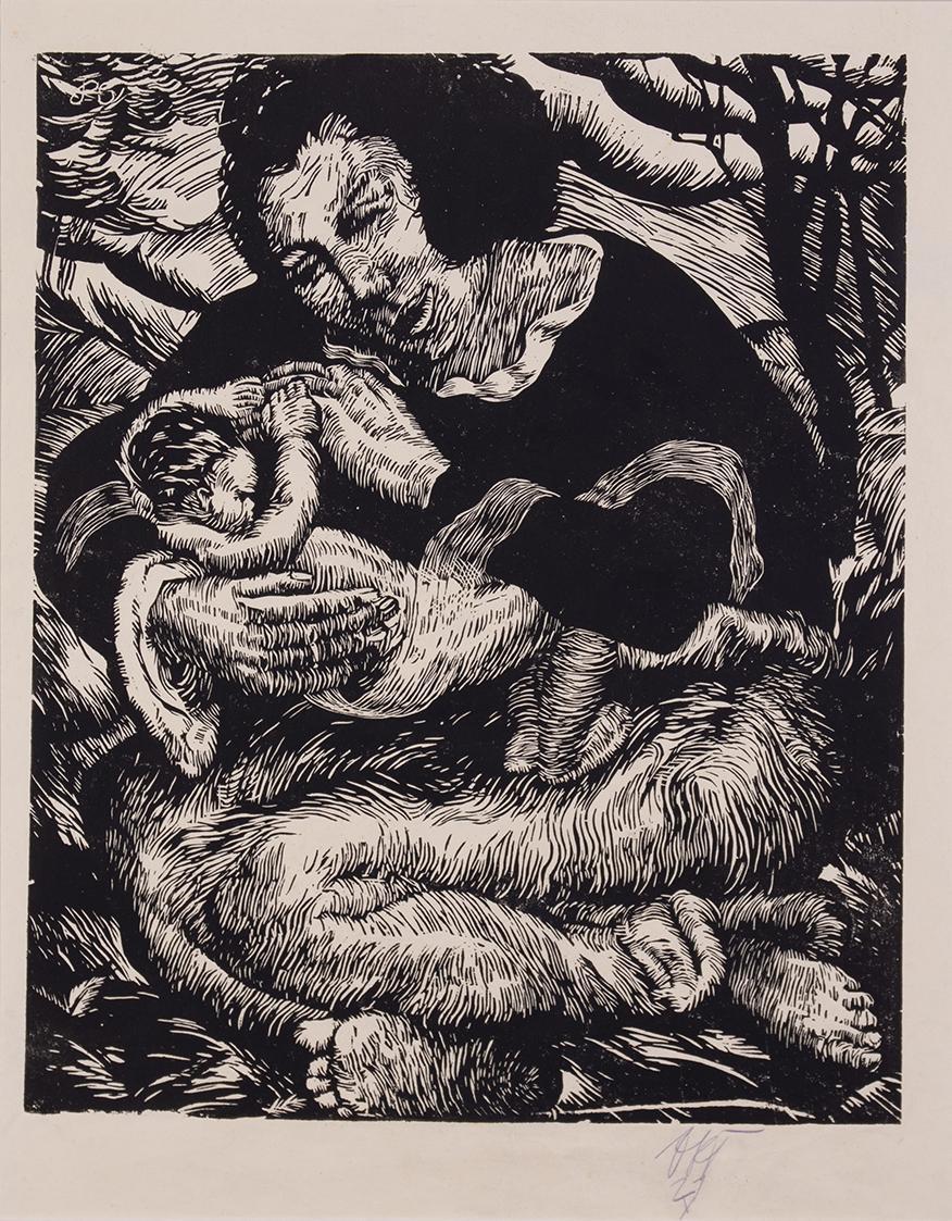 Otto Rudolf Schatz, Mutter mit Kleinkind in einer Landschaft, 1921, Holzschnitt, 65 × 48 cm, Pr ...