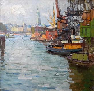 Carl Moll, Hamburger Hafen, um 1926, Öl auf Holz, 32 × 34 cm, Privatbesitz, Hamburg