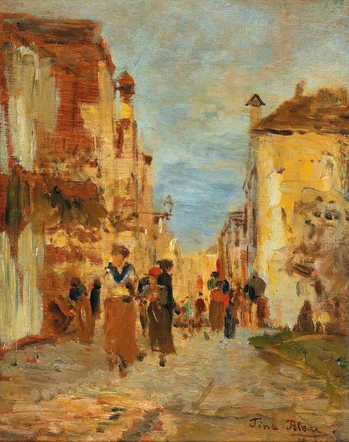 Tina Blau, Gasse in Venedig, 1877, Öl auf Holz, 27,5 × 22 cm, Privatbesitz