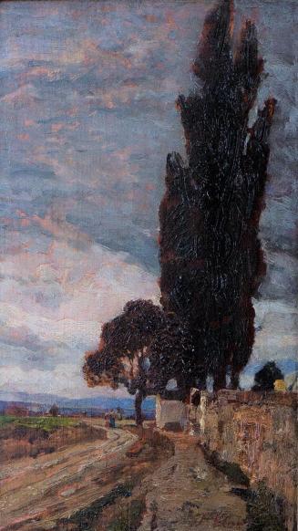 Tina Blau, Studie zu "Der Alte Simmeringer Friedhof", um 1887/1888, Öl auf Holz, 21,6 × 12,3 cm ...