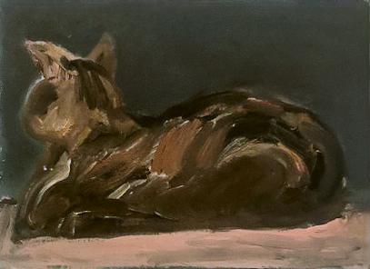 Georg Eisler, Die Katze Ticlia, nach 1990, Öl auf Leiwand, 17 × 23 cm, Privatbesitz, London