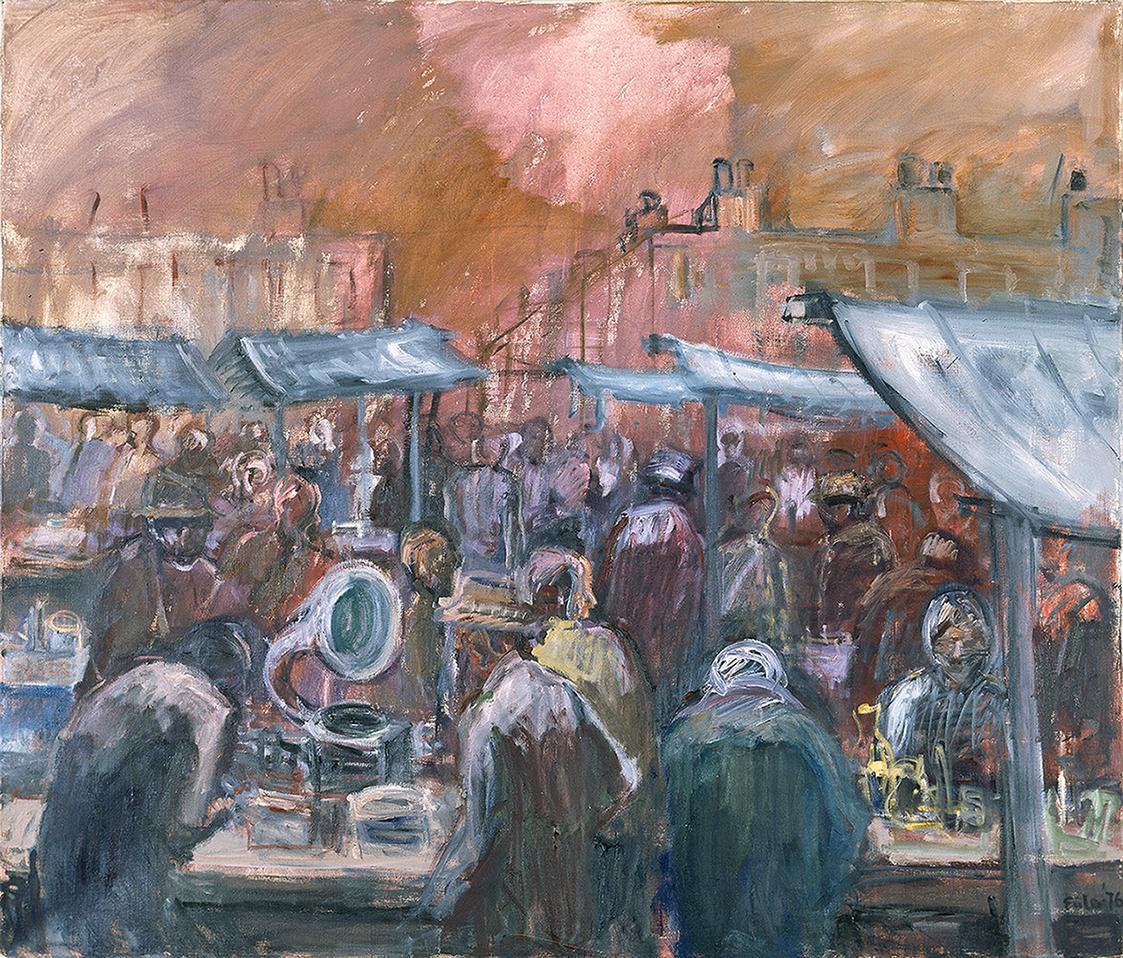 Georg Eisler, Bermondsey Markt, 1976, Öl auf Leinwand, 132 × 152 cm, mumok – Museum moderner Ku ...