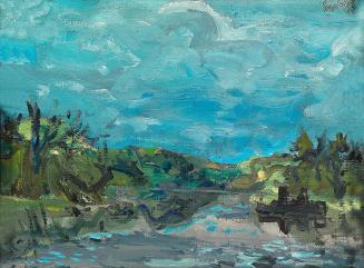 Georg Eisler, Landschaft, 1997, Öl auf Karton, 23 × 32 cm, Verbleib unbekannt