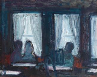 Georg Eisler, Im Café, um 1980, Öl auf Leinwand, 36 × 45 cm, Verbleib unbekannt