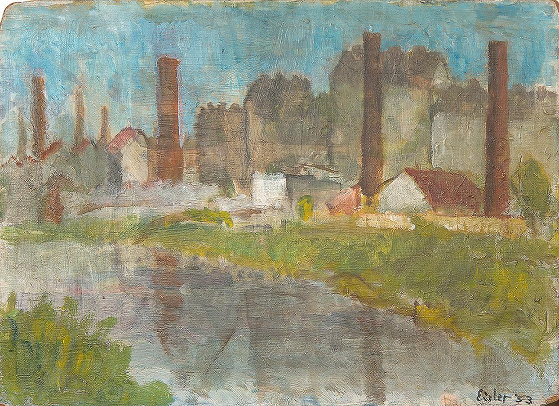 Georg Eisler, Donaukanal I, 1953, Öl auf Holz, 25 × 30 cm, Belvedere, Wien, Inv.-Nr. Arto 2307