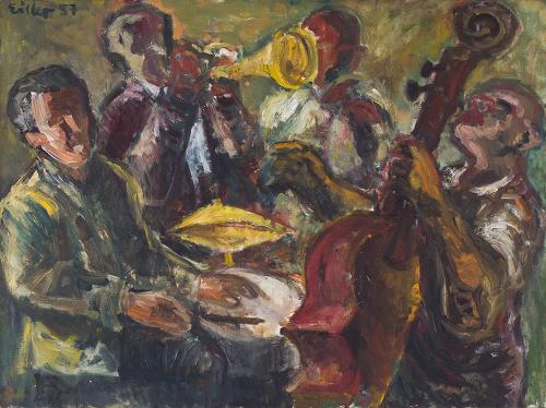 Georg Eisler, Jazz-Quartett, 1957, Öl auf Leinwand, 60 × 80,5 cm, Belvedere, Wien, Inv.-Nr. Art ...