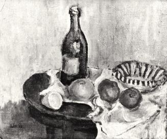 Georg Eisler, Stillleben mit Flasche, Äpfeln und gestreifter Schale, 1953, Öl auf Leinwand, Ver ...