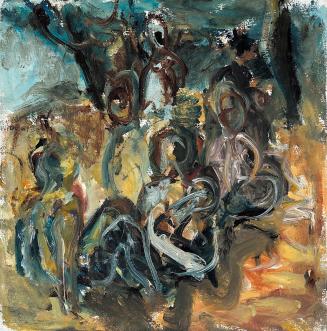 Georg Eisler, Figuren in einer Landschaft, 1961, Öl auf Leinwand, 25,5 × 25 cm, Verbleib unbeka ...