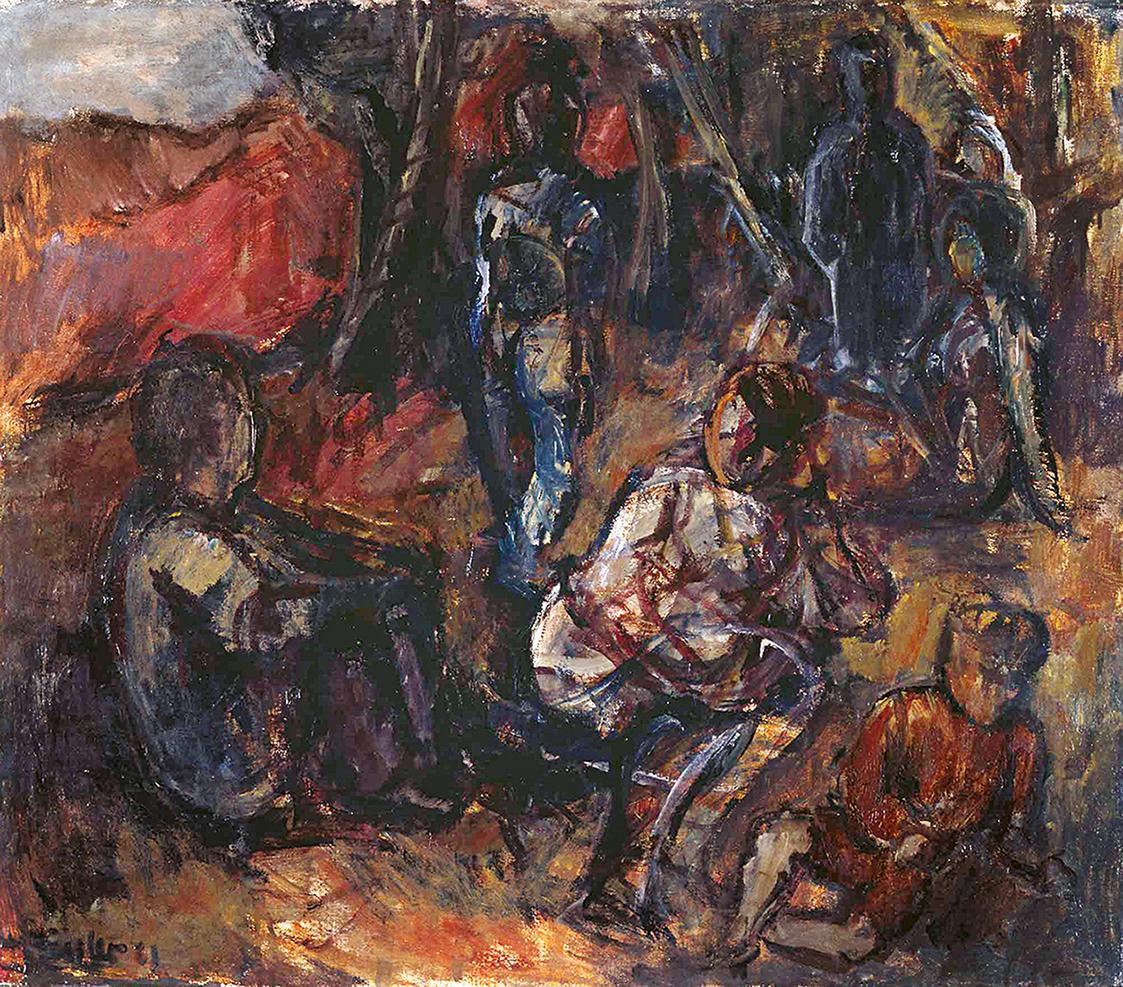 Georg Eisler, Figuren in einer Landschaft, 1961, Öl auf Leinwand, 55 × 63,5 cm, Museum der Mode ...