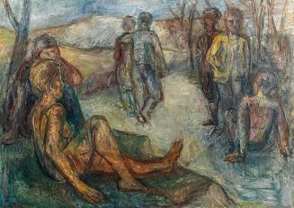 Georg Eisler, Figuren in einer Landschaft, 1962, Öl auf Leinwand, 100 × 140 cm, Verbleib unbeka ...