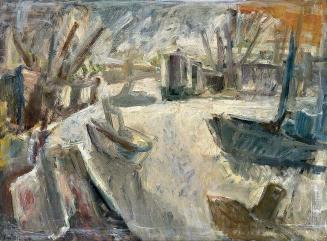 Georg Eisler, Londoner Hafen, 1964, Öl auf Leinwand, 60 × 80 cm, Verbleib unbekannt