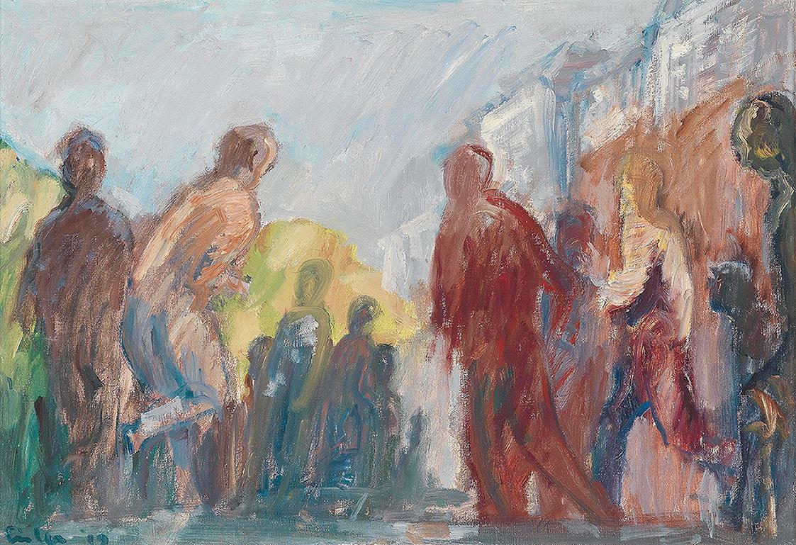 Georg Eisler, Straße mit Laufenden IV, 1969, Öl auf Leinwand, 45 × 65 cm, Verbleib unbekannt