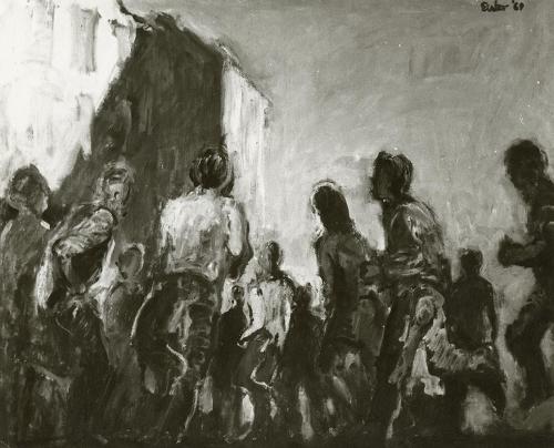 Georg Eisler, Straße mit Laufenden VIII, 1969, Öl auf Leinwand, 80 × 100 cm, Verbleib unbekannt