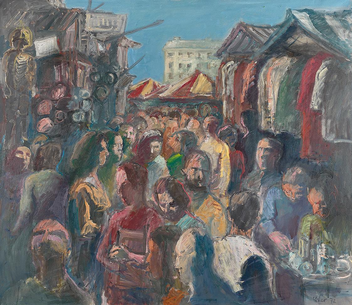 Georg Eisler, Markt an der Porta Portese, 1972, Öl auf Leinwand, 130 × 150 cm, Georg und Alice  ...