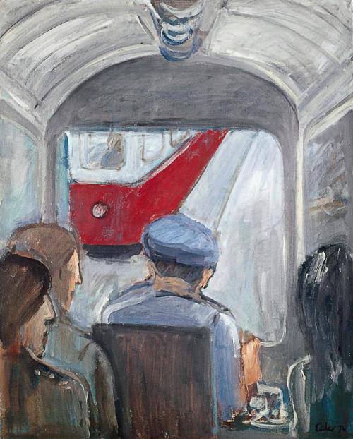 Georg Eisler, Straßenbahn, 1974, Öl auf Leinwand, 100 × 80 cm, Verbleib unbekannt