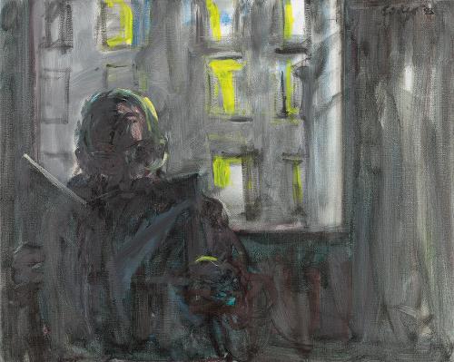 Georg Eisler, Zeitungsleser am Fenster, 1993, Öl auf Leinwand, 80 × 100 cm, Georg und Alice Eis ...