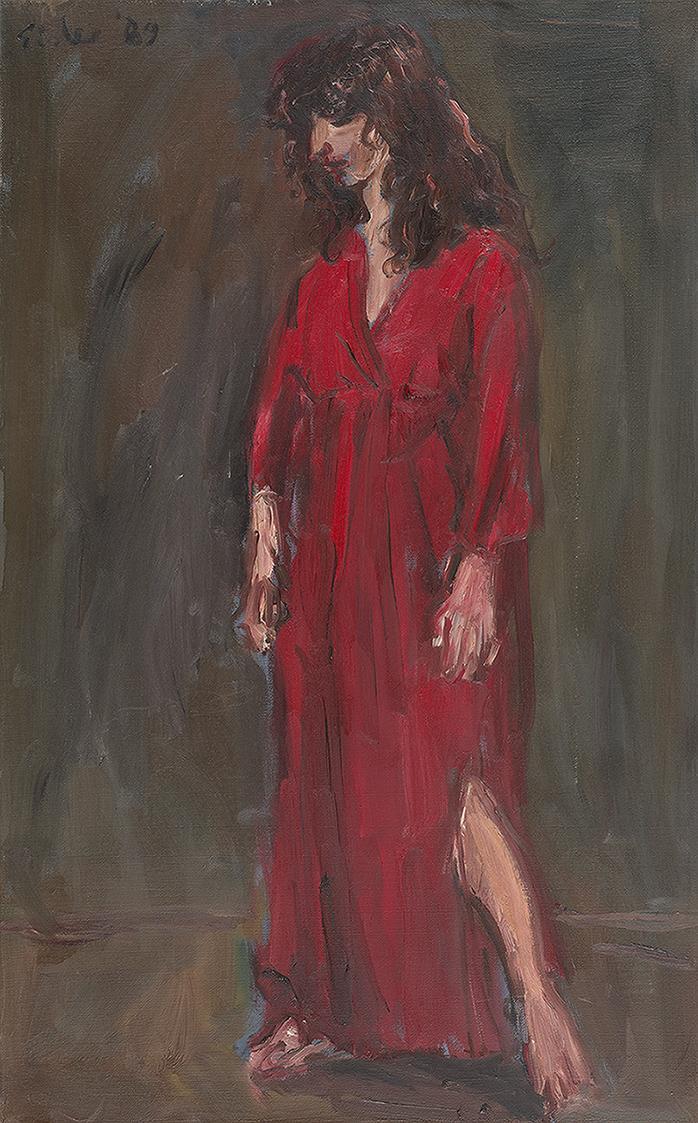 Georg Eisler, Das rote Hauskleid, 1989, Öl auf Leinwand, 70 × 50 cm, Georg und Alice Eisler – F ...