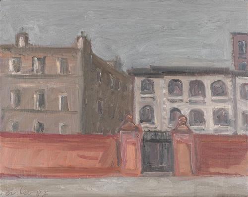 Georg Eisler, Manchester, Blick von der Schule, 1987, Öl auf Leinwand, 36 × 45 cm, Georg und Al ...