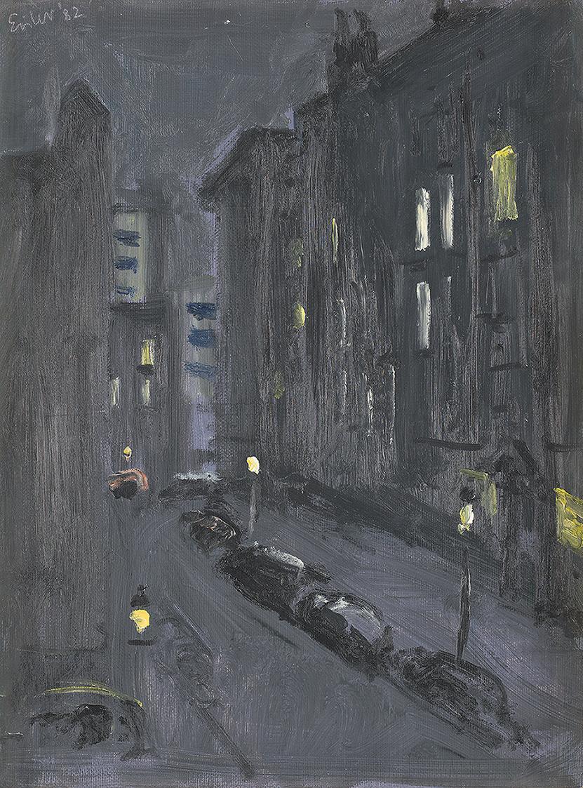 Georg Eisler, Fuggerstraße nachts I, 1982, Öl auf Leinwand, 40 × 30 cm, Sammlung Konrad, Wien